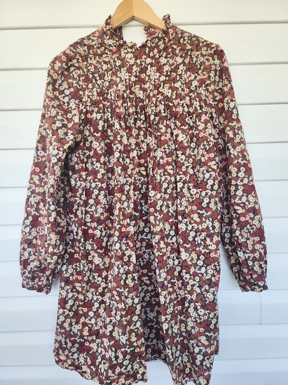 Floral Long Sleeve Smocked Yoke Tunic Dress - Burgundy Cream